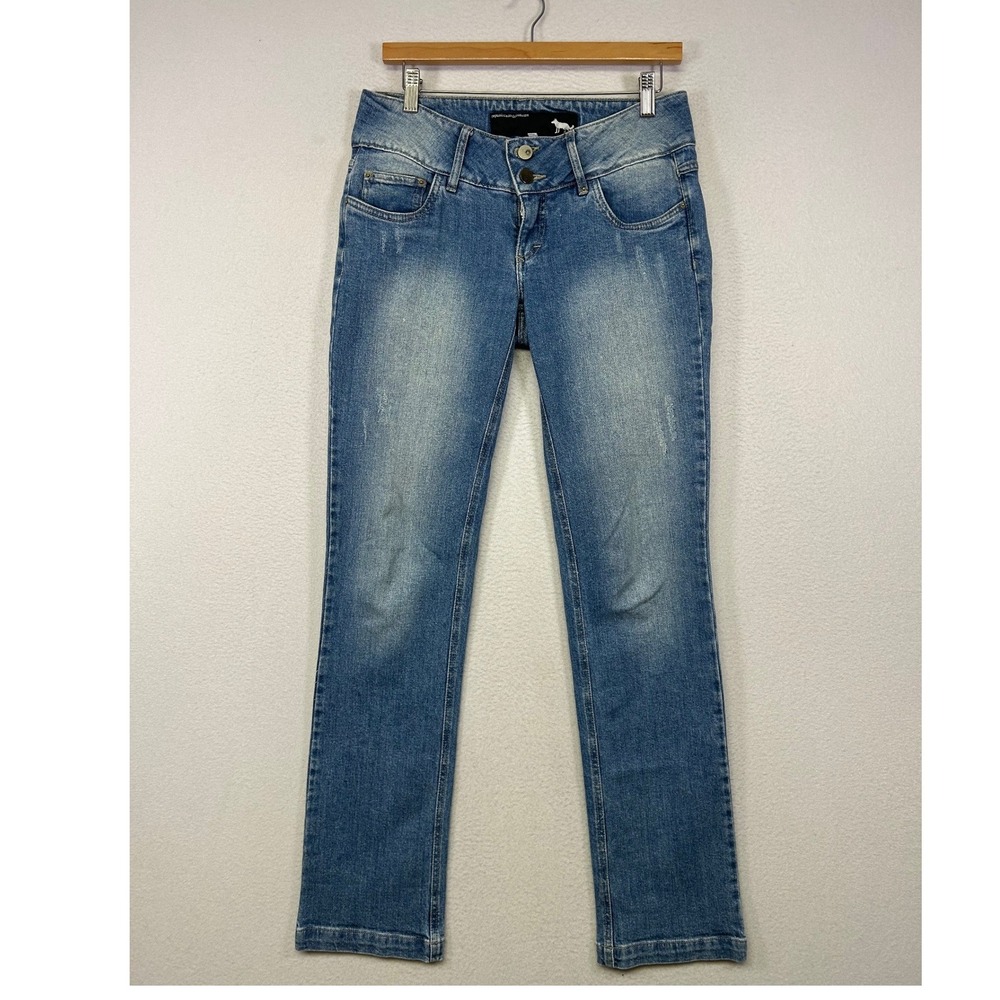 Y2K Republica Dos Lobos Women 40 Blue‎ Straight Leg Embroidered Wolf Jeans